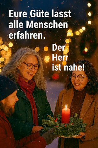 Zwei Frauen schauen auf ein Adventsgesteck und lächeln